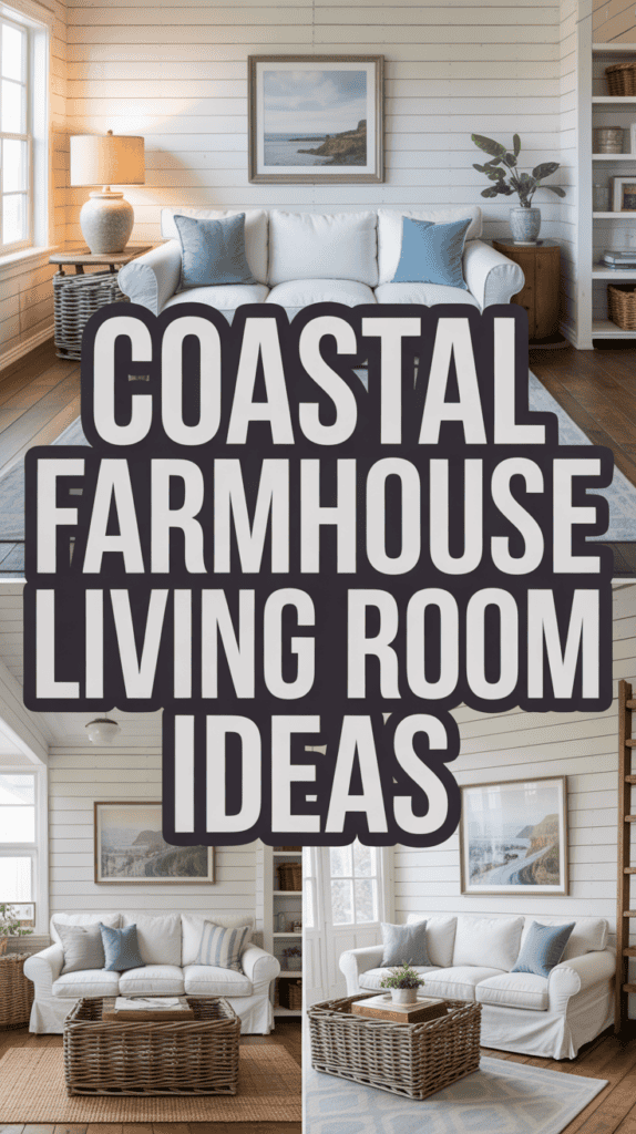Split image featuring a cozy coastal farmhouse living room with text overlay: "Coastal Farmhouse Living Room Ideas."