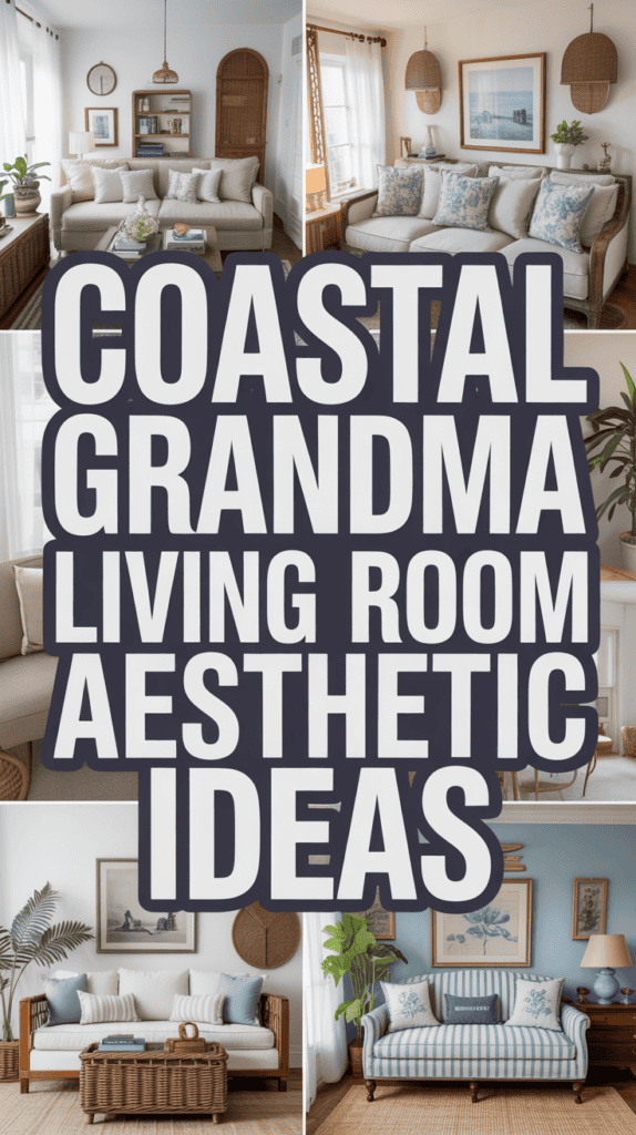 Collage of coastal-themed living rooms with text reading "Coastal Grandma Living Room Aesthetic Ideas."
