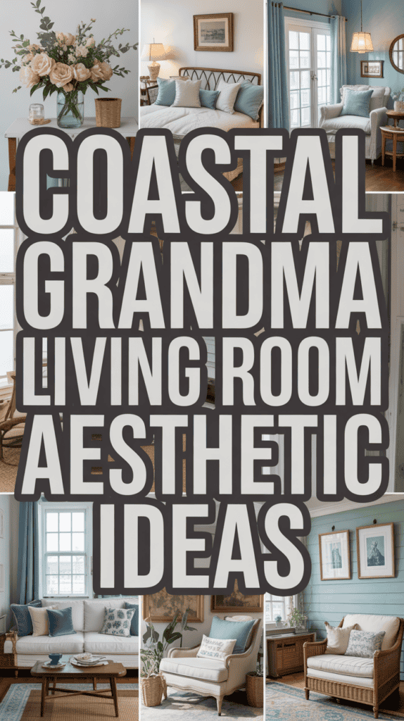 Collage of coastal living rooms with text "Coastal Grandma Living Room Aesthetic Ideas" in bold overlaid.