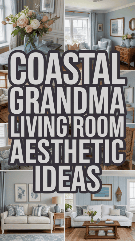 Collage of living rooms with coastal decor, including light blue walls, floral arrangements, and beach-themed accents.