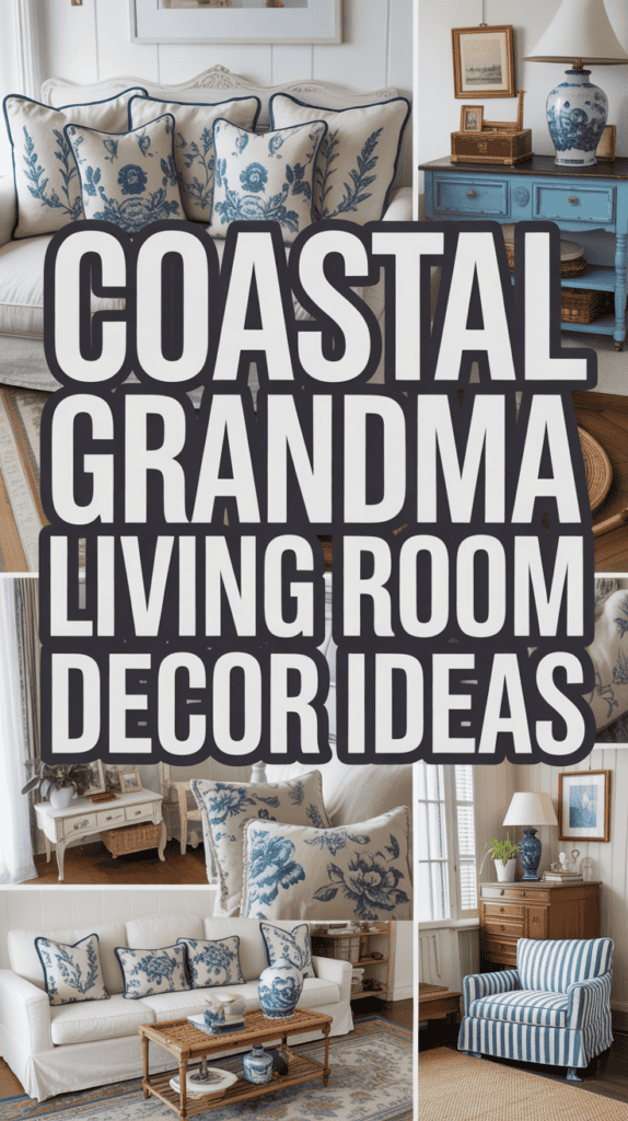 Collage of coastal-themed living room decor with blue and white patterns, featuring text "Coastal Grandma Living Room Decor Ideas."