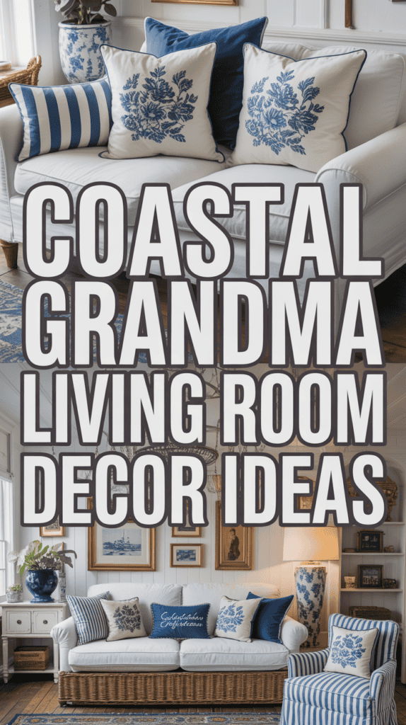 A coastal-themed living room with blue and white pillows, striped cushions, and nautical decor, featuring text: "Coastal Grandma Living Room Decor Ideas."