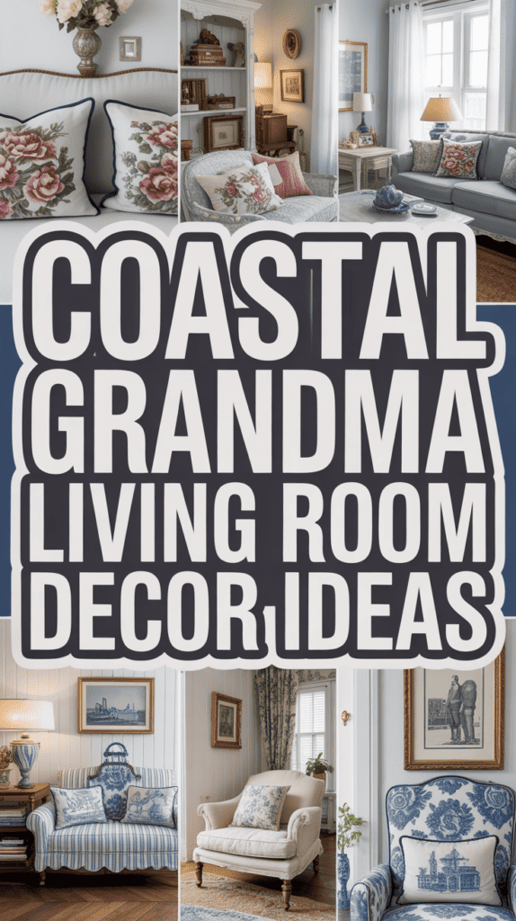 Collage of cozy living rooms with a "Coastal Grandma Living Room Decor Ideas" text overlay.