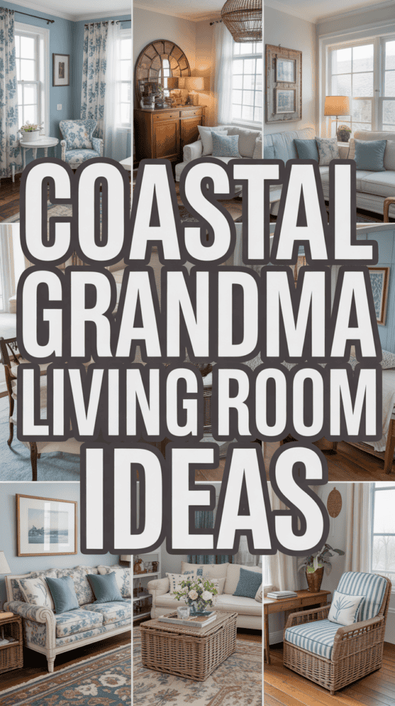 Collage of cozy living rooms with coastal decor, featuring text "Coastal Grandma Living Room Ideas" in large, bold letters.