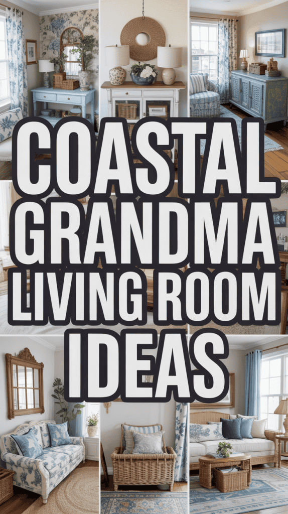 Collage of six coastal-inspired living rooms with blue and beige tones, overlaid with bold text, "Coastal Grandma Living Room Ideas."