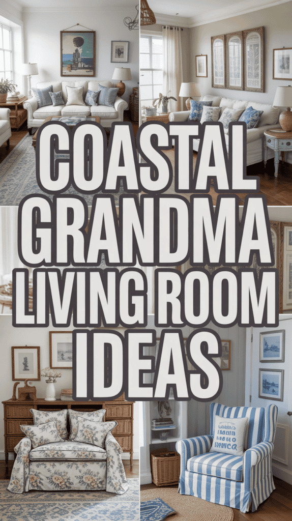 A collage showing four living rooms with coastal decor and the text "Coastal Grandma Living Room Ideas" in the center.