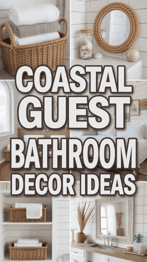 A collage of coastal bathroom decor featuring wicker baskets, seashells, rounded mirror, and a white shiplap wall.