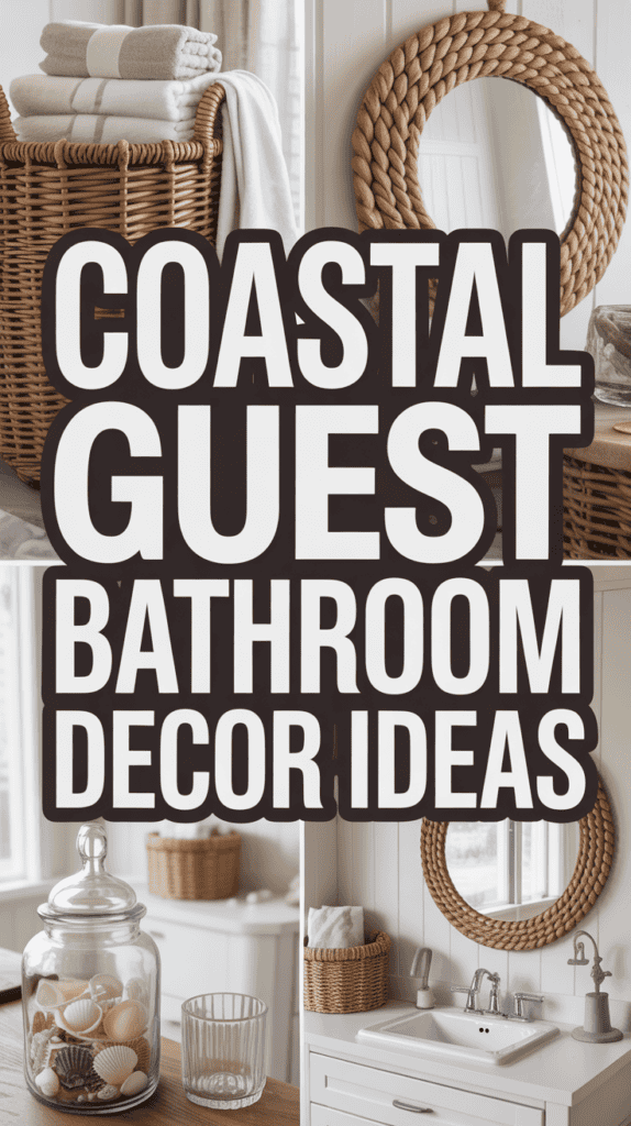 Text reads "Coastal Guest Bathroom Decor Ideas" over images of wicker baskets, a round rope mirror, and a jar with seashells.