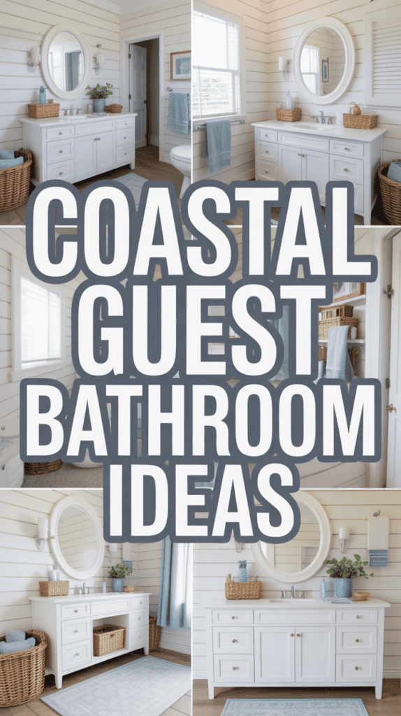 Collage of coastal guest bathroom ideas featuring wicker baskets, white cabinets, round mirrors, and light blue accents.