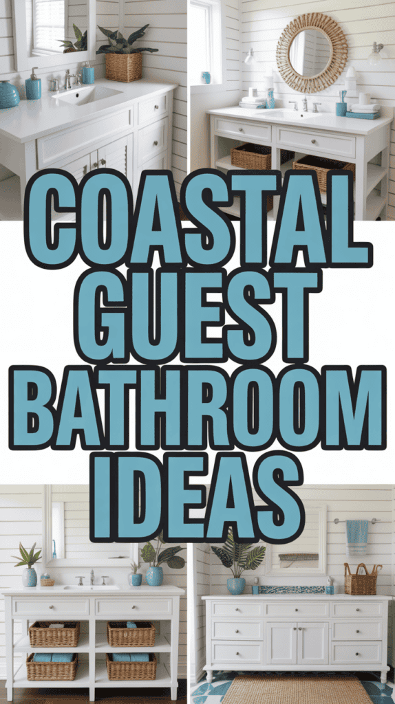 Collage of coastal guest bathroom ideas with white vanities, wicker baskets, blue accents, and a round mirror.