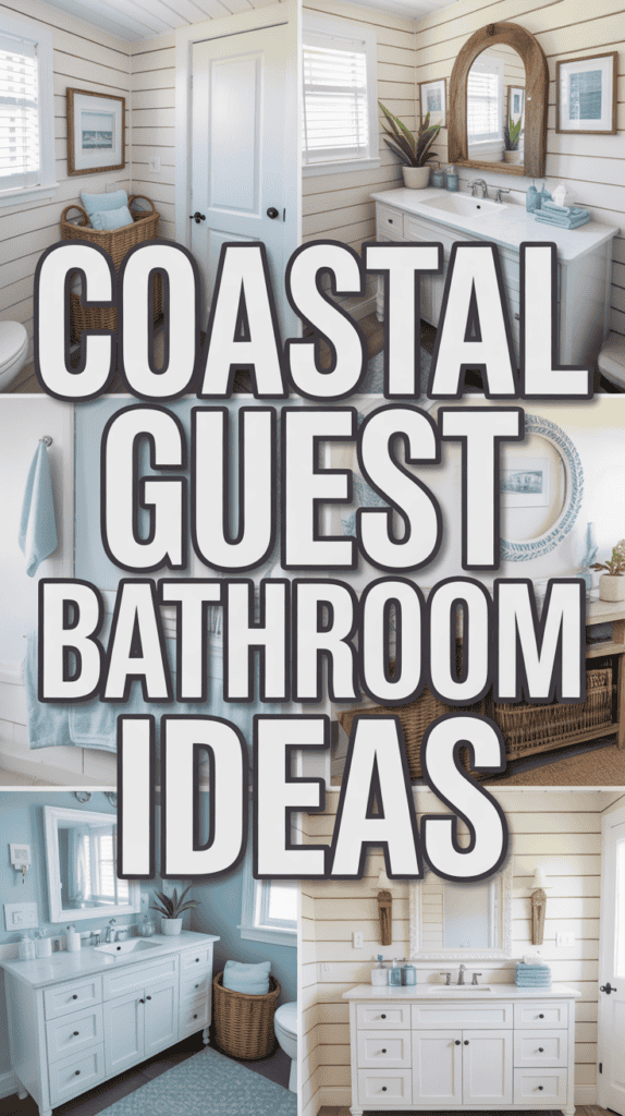 Collage of coastal bathroom designs with white shiplap walls, wicker accents, and blue decorative elements.