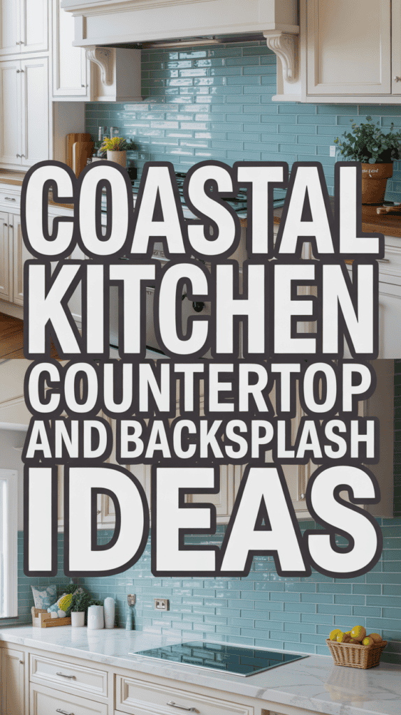 Text overlay on kitchen with blue tile backsplash reads, "Coastal Kitchen Countertop and Backsplash Ideas."