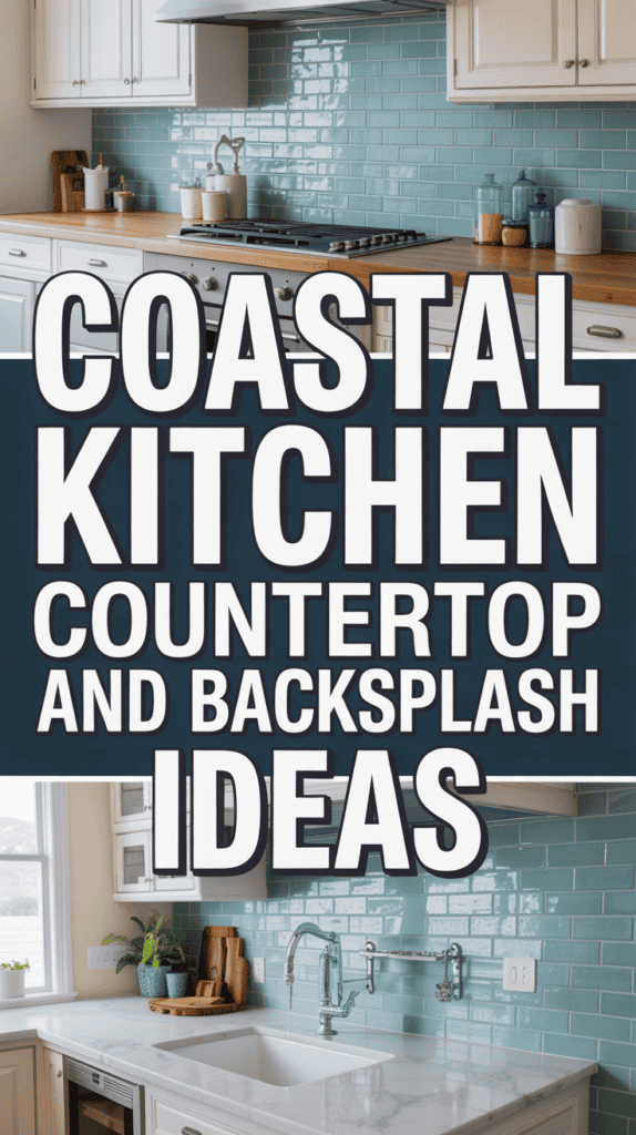 A kitchen with blue tile backsplash, white cabinets, and wooden countertops, overlaid with the text "Coastal Kitchen Countertop and Backsplash Ideas".