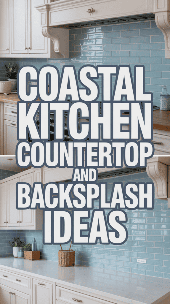 A kitchen with white cabinetry and a blue tiled backsplash, featuring text: "Coastal Kitchen Countertop and Backsplash Ideas."