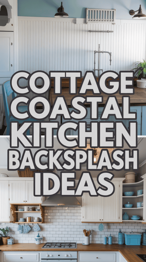 A collage of two kitchens with coastal-themed decor and backsplash designs, featuring white cabinetry and wooden countertops.