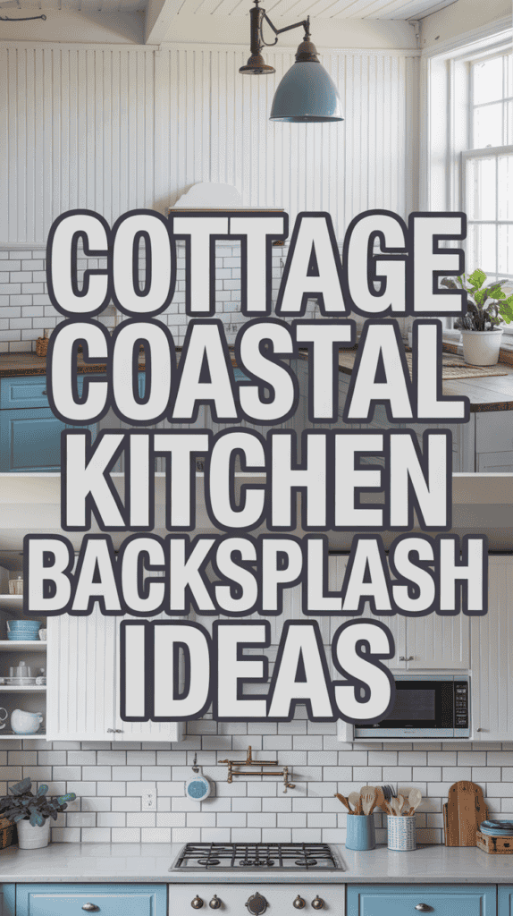 Cottage-style kitchen with blue cabinets, white backsplash, and large text overlay reading "Cottage Coastal Kitchen Backsplash Ideas."