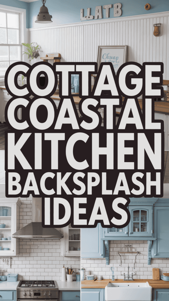 Collage showcasing various coastal-themed kitchen backsplashes with bold text overlay.