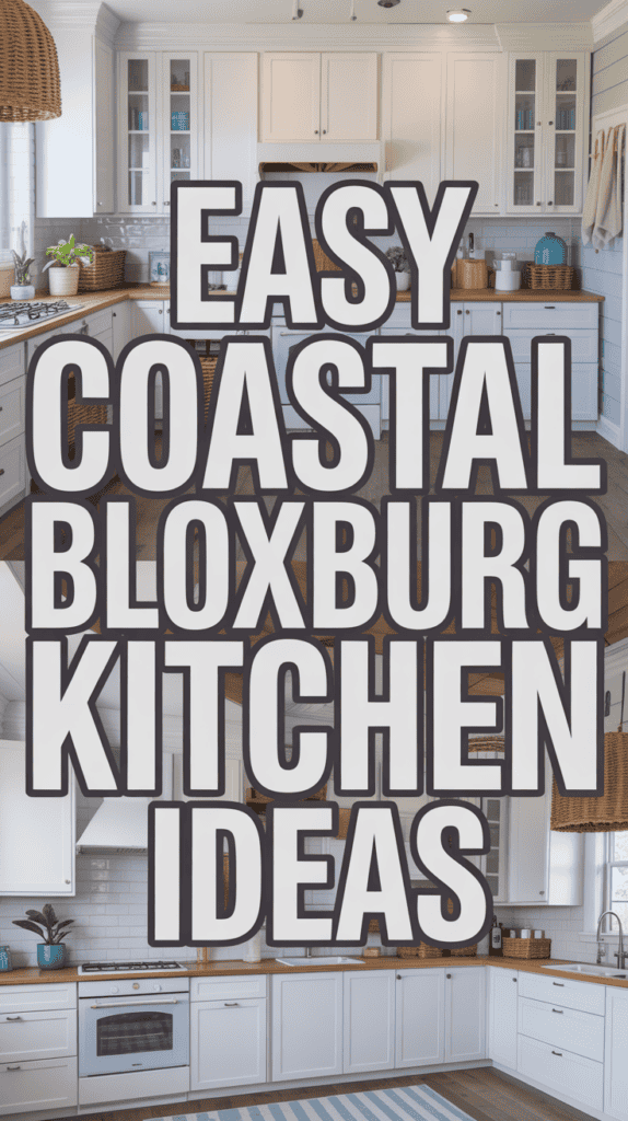 A spacious, light-filled kitchen with white cabinets and wooden countertops, overlaid with the text "Easy Coastal Bloxburg Kitchen Ideas."