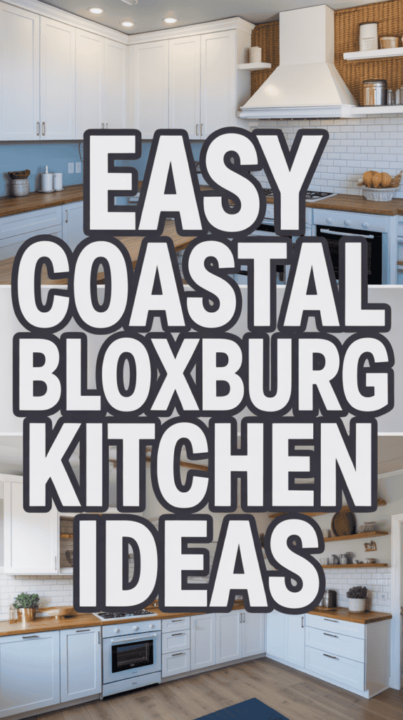 Text reading "Easy Coastal Bloxburg Kitchen Ideas" overlaid on kitchen scenes with white cabinets and wood accents.