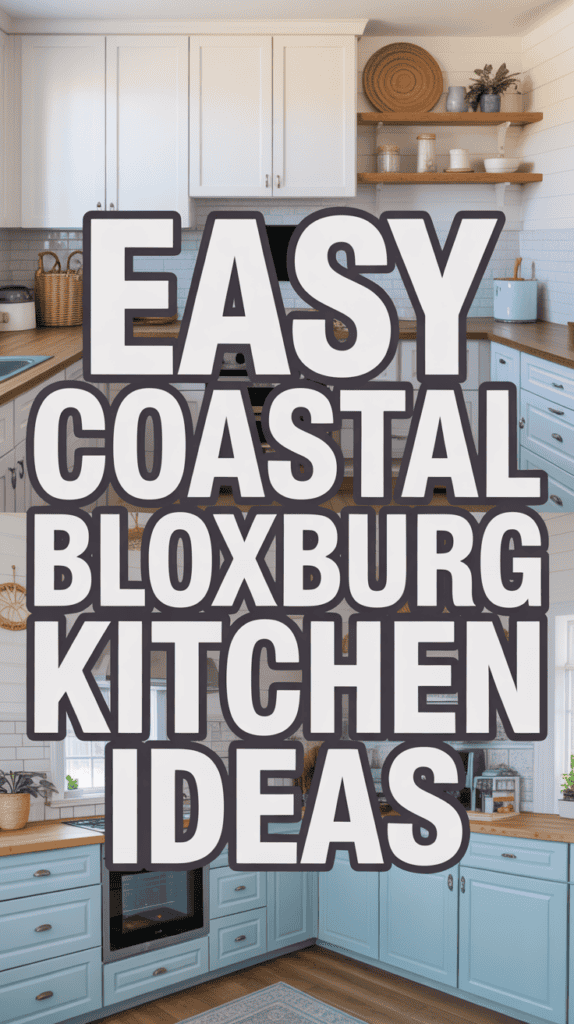 Text on image reads: "Easy Coastal Bloxburg Kitchen Ideas" over photos of two kitchens with coastal decor.