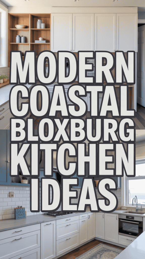 A modern kitchen with white cabinets, wooden shelves, and ocean-themed decor text overlaying: "Modern Coastal Bloxburg Kitchen Ideas."