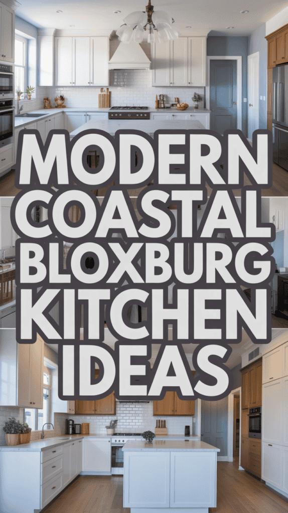 Text reading "Modern Coastal Bloxburg Kitchen Ideas" overlaying images of kitchens with white cabinetry and light wood flooring.