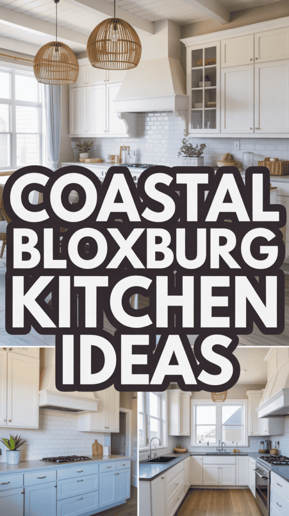 Collage of modern coastal kitchen designs featuring white cabinets, wooden accents, and natural lighting.