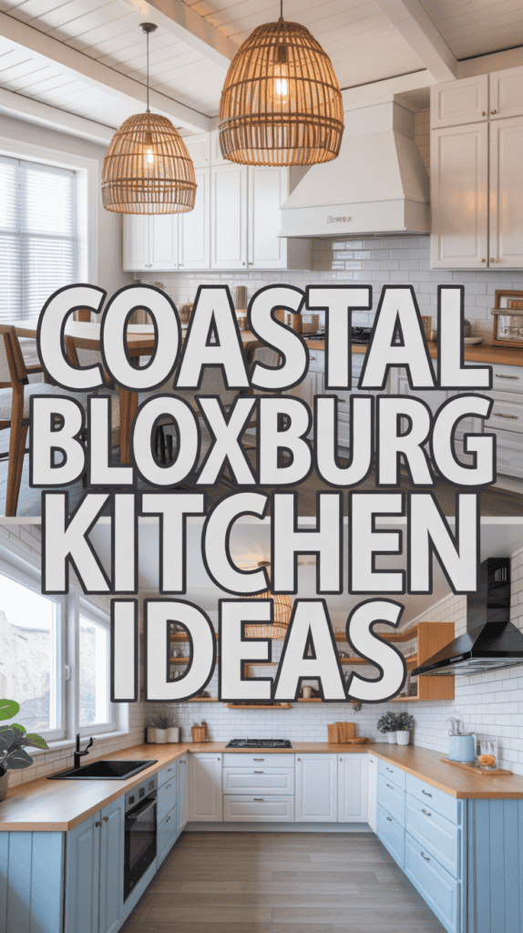 A stylish coastal-themed kitchen with white cabinets, blue accents, and woven pendant lighting.