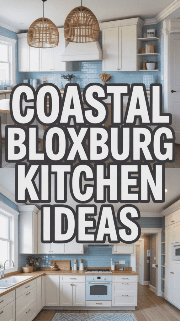 Coastal-themed kitchen with wicker pendant lights, blue backsplash, and wooden countertops. Text reads "Coastal Bloxburg Kitchen Ideas."