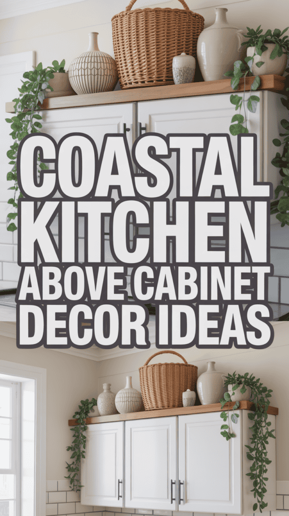 "Coastal Kitchen Above Cabinet Decor Ideas" text on a kitchen scene with plants and wicker baskets atop white cabinets.