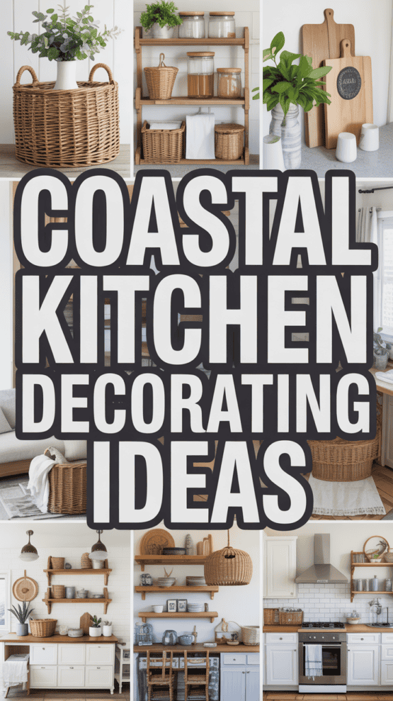 Collage of coastal kitchen decor ideas featuring wicker baskets, wooden shelves, cutting boards, and light-colored cabinetry.