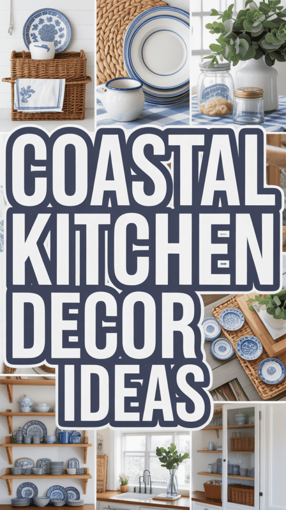 Collage of coastal kitchen decor with blue and white ceramics, wicker baskets, and leafy plants.