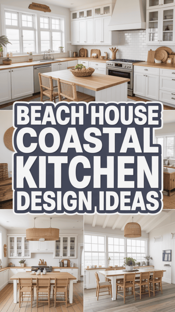 Collage of coastal kitchen designs featuring white cabinetry, wooden accents, and wicker elements with text overlay about beach house ideas.