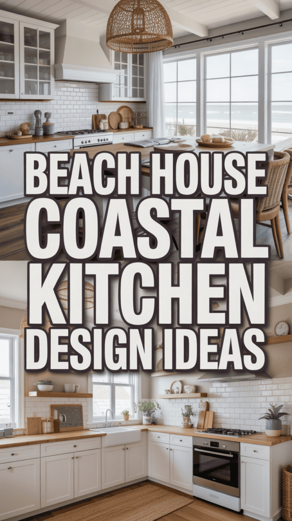Coastal kitchen with white cabinets, wooden countertops, wicker decor, and large windows overlooking the ocean.