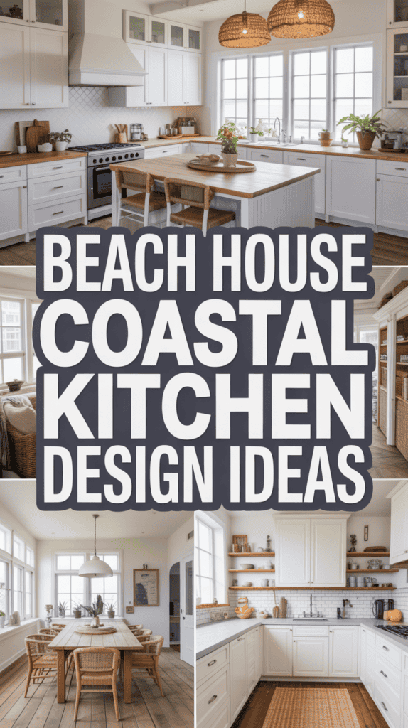 A collage of coastal kitchen designs featuring light cabinetry, woven light fixtures, and large windows. Text reads "Beach House Coastal Kitchen Design Ideas."