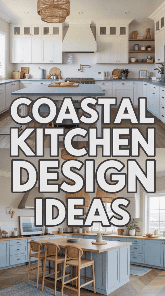A split image of two coastal-style kitchens with white cabinets and light wood accents, featuring the text "Coastal Kitchen Design Ideas" in bold.