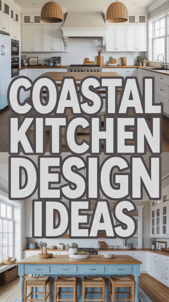 Spacious kitchen with white cabinets, wicker pendant lights, large island, and text overlay: "Coastal Kitchen Design Ideas."