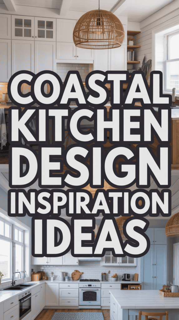 "Coastal Kitchen Design Inspiration Ideas" text over images of bright kitchens with white cabinetry and wooden accents.