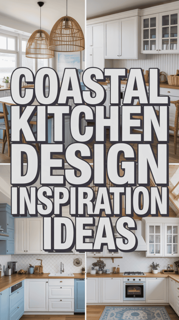 Collage of coastal kitchen designs featuring white and blue cabinetry with text overlay "Coastal Kitchen Design Inspiration Ideas."