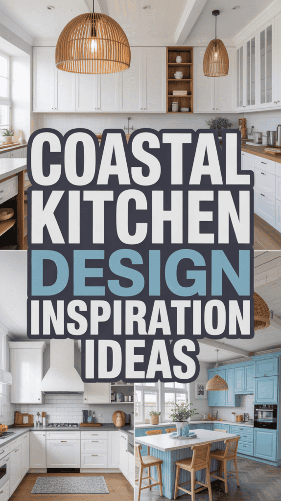 Collage showcasing three coastal kitchen designs with text: "Coastal Kitchen Design Inspiration Ideas."
