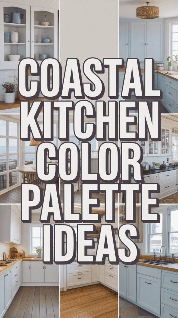 Collage of coastal-themed kitchens with light blue and white color schemes and wooden accents.