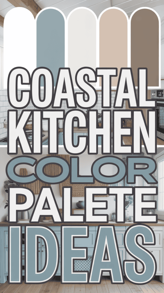 Coastal kitchen color palette with light blue, beige, and white tones in a modern kitchen setting.