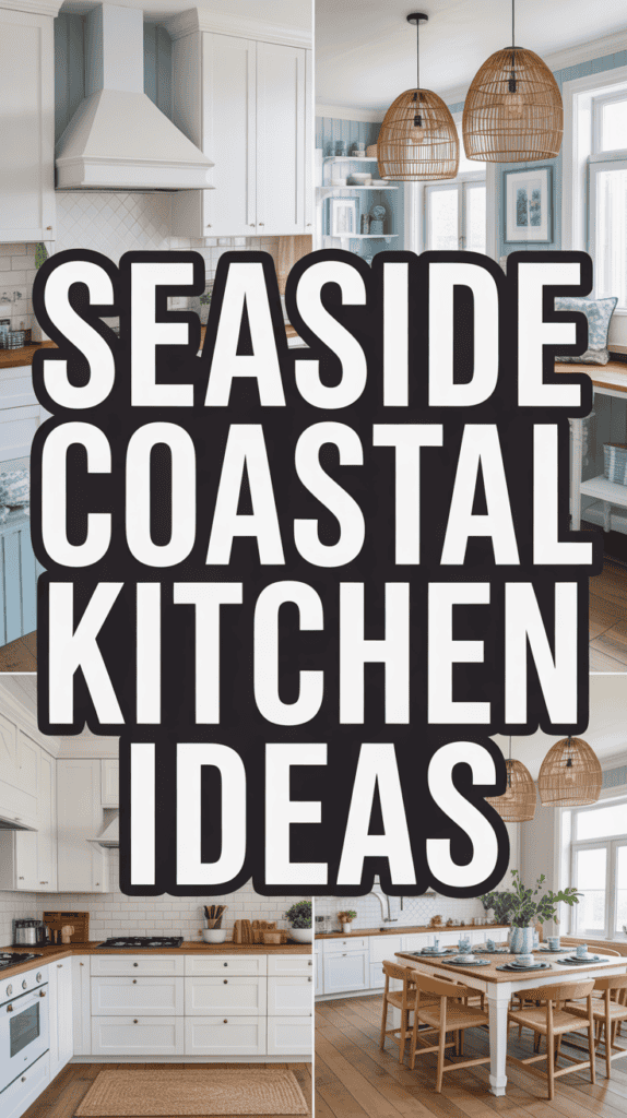 Collage of coastal kitchen designs with text "Seaside Coastal Kitchen Ideas" overlaying the image, showcasing light, airy decor.