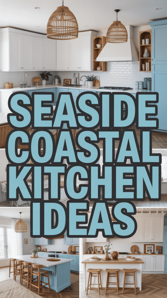 A modern coastal kitchen with light wood accents, blue cabinetry, and wicker light fixtures.