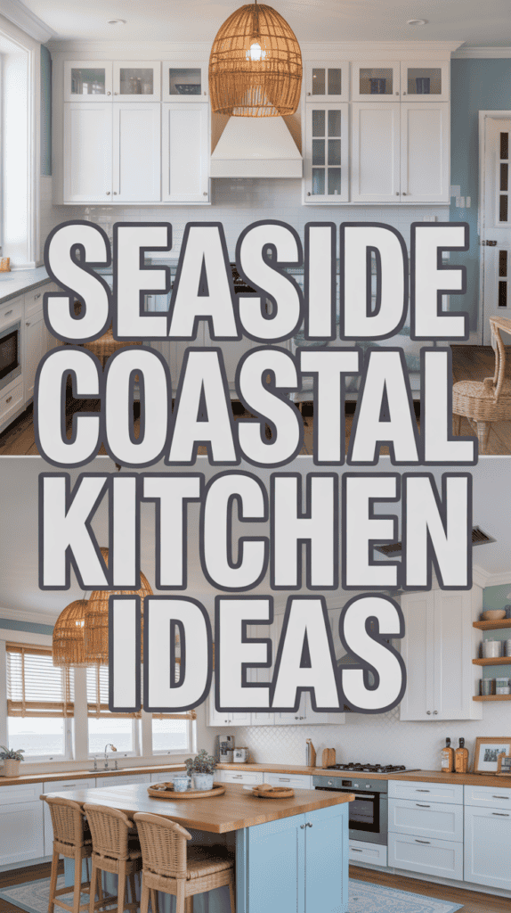 A modern kitchen with white cabinets, a wicker pendant light, and the text "Seaside Coastal Kitchen Ideas" overlaying the image.