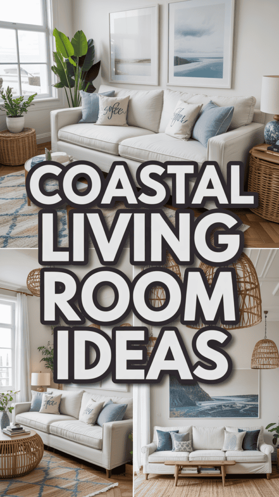 Stylish coastal living room with a white sofa, nautical cushions, wicker accents, and ocean-themed decor.