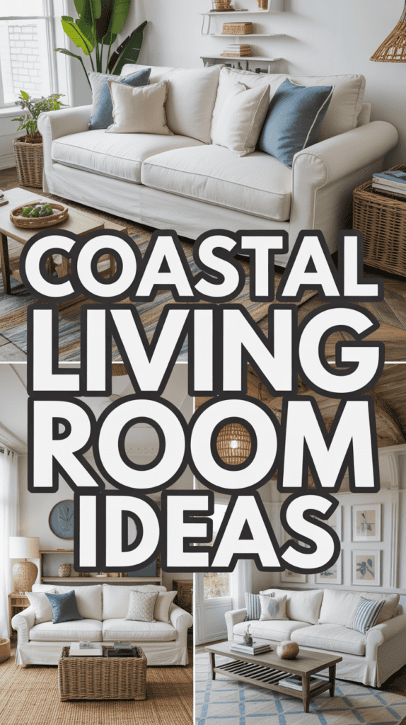 Collage of coastal living rooms featuring white sofas, blue and beige accents, wicker elements, and text overlay "Coastal Living Room Ideas."