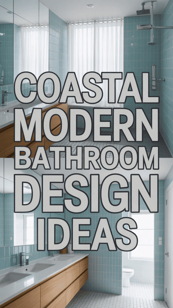 Modern bathroom with blue tiles, wooden cabinetry, and large mirrors, featuring the text "Coastal Modern Bathroom Design Ideas."