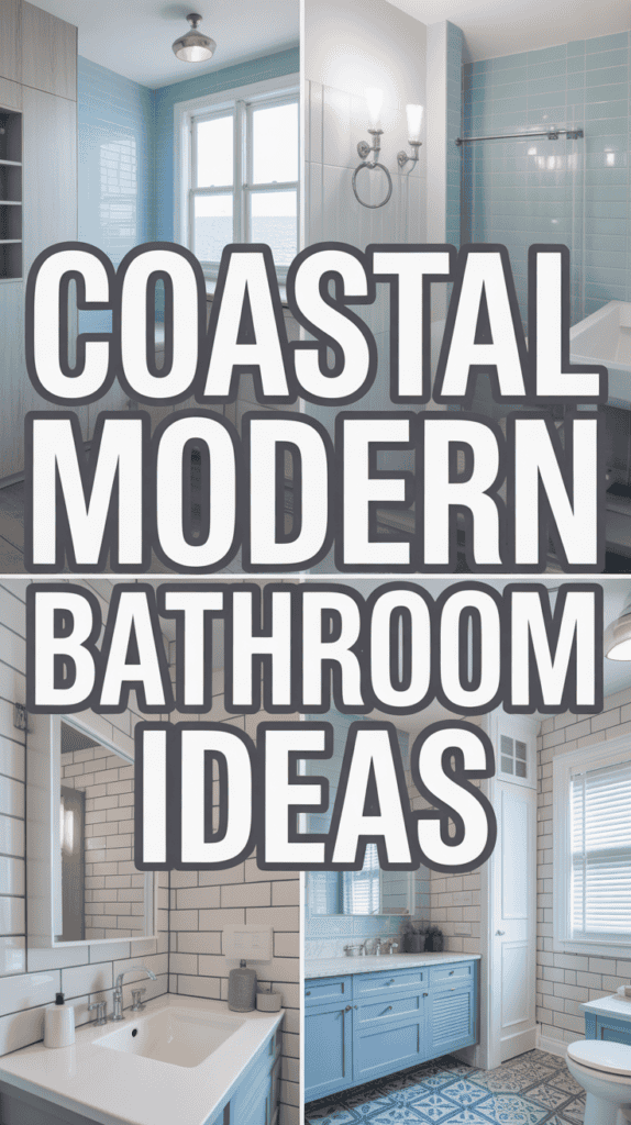 Collage of coastal modern bathroom designs with blue and white tiles, large windows, and contemporary fixtures.