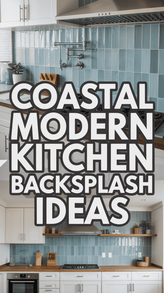 Kitchen with blue tile backsplash, white cabinets, and wooden countertops, text overlay: "Coastal Modern Kitchen Backsplash Ideas."